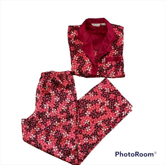 Chanteuse Two Piece Ladies Satin Floral Print Pajamas Size Medium Top and Pants